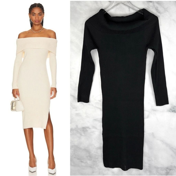 Steve Madden Off the Shoulder Foldover Ribbed Knit Sweater Midi Dress Black L - Picture 1 of 11